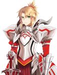  1girl armor blonde_hair braid breastplate clarent_(fate) cowboy_shot expressionless fate/grand_order fate_(series) french_braid green_eyes hair_between_eyes highres looking_at_viewer mordred_(fate) mordred_(fate)_(all) pauldrons pelvic_curtain planted_sword planted_weapon ponytail rasuku red_scrunchie scrunchie shoulder_armor solo sword weapon white_background 