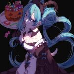  1girl apron black_background black_dress blue_bow blue_eyes blue_hair bow bow_dress breasts candy cleavage double_bun dress earrings eiku food hair_between_eyes halloween hat hatsune_miku highres jack-o&#039;-lantern jewelry juliet_sleeves long_hair long_sleeves looking_at_viewer medium_breasts puffy_sleeves smile solo twintails very_long_hair vocaloid 