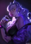  1girl absurdres bare_shoulders bracelet choker claws cropped_jacket demon_girl earrings evelynn_(league_of_legends) highres jacket jewelry league_of_legends long_hair looking_at_viewer makeup open_clothes revealing_clothes silver_hair slit_pupils solo the_baddest_evelynn weibo_logo weibo_username yellow_eyes zha_zhupai 