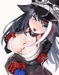  1girl absurdres azur_lane black_jacket blue_eyes breasts candy chocolate chocolate_heart chocolate_on_breasts choker deutschland_(azur_lane) food gloves hat heart highres iron_cross jacket long_hair long_sleeves looking_at_viewer medium_breasts military_hat multicolored_hair seigetsu_kotaku simple_background tongue tongue_out translation_request white_background 