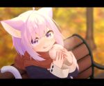  1girl :3 :q ahoge animal_ears autumn bangs baozi blush cat_ears cat_girl cat_tail eating food hair_between_eyes highres hololive letterboxed long_sleeves looking_at_viewer nekomata_okayu on_bench pon_kichi purple_eyes purple_hair red_scarf scarf short_hair sitting sleeve_cuffs solo tail tongue tongue_out upper_body virtual_youtuber 