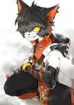  2021 aak_(arknights) anthro arknights black_body black_fur black_hair clothed clothing ear_piercing felid fur hair hi_res hypergryph male mammal multicolored_body multicolored_fur orange_body orange_fur piercing pupils short_hair slit_pupils smile studio_montagne video_games white_body white_fur white_hair yellow_eyes zebra_vz 