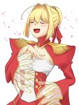 1girl ahoge blush braid closed_eyes cowboy_shot epaulettes eyebrows_visible_through_hair fate/grand_order fate_(series) french_braid hair_between_eyes hair_intakes hand_on_own_chest highres juliet_sleeves long_sleeves nero_claudius_(fate) nero_claudius_(fate)_(all) puffy_sleeves rasuku red_ribbon ribbon smile solo sparkle_background white_background wide_sleeves 