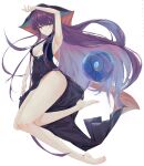  1girl :3 armpits bangs bare_shoulders barefoot black_dress blue_eyes blunt_bangs breasts center_opening china_dress chinese_clothes dress eyelashes fate/grand_order fate_(series) hand_up hime_cut jitome katachi_noboru_nishikino light_smile long_hair medium_breasts purple_hair side_slit sidelocks simple_background smile solo thick_thighs thighs toe_scrunch underboob very_long_hair white_background yang_guifei_(fate) 