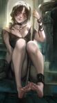  1girl absurdres barefoot black_choker black_clothes black_hair breasts candle_wax choker covered_eyes demon&#039;s_souls feet highres holding holding_staff jewelry lips maiden_in_black necklace nose pink_lips ragecndy sitting sitting_on_stairs soles souls_(from_software) staff stairs 
