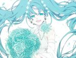  1girl aqua_eyes aqua_hair bangs blue_flower blue_rose bouquet detached_collar detached_sleeves earrings eiku eyebrows_visible_through_hair floating_hair flower hatsune_miku highres holding holding_bouquet jewelry long_hair looking_at_viewer open_mouth rose shirt sleeveless sleeveless_shirt smile solo twintails upper_body very_long_hair vocaloid white_background 