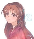  1girl artist_name astuffds bangs blurry blush brown_eyes brown_hair depth_of_field eyebrows_visible_through_hair hair_down highres long_hair messy_hair pajamas portrait purple_pajamas shiny shiny_hair shirai_kuroko smile thank_you toaru_kagaku_no_railgun toaru_majutsu_no_index white_background 