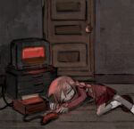  1girl braid brown_hair closed_eyes door game_console ha4to lying madotsuki pink_shirt shirt skirt socks solo television twin_braids twintails yume_nikki 