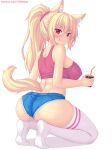  1girl :p animal_ear_fluff animal_ears ass bangs blonde_hair blush breasts cat_ears cat_tail commentary cutoffs denim denim_shorts english_commentary eyebrows_visible_through_hair from_behind highres kneeling large_breasts long_hair looking_at_viewer nottytiffy original ponytail red_eyes short_shorts shorts slit_pupils smile solo tail tank_top thighhighs tiffy_(nottytiffy) tongue tongue_out watermark web_address white_background white_legwear 