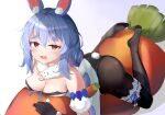  1girl :3 :d animal_ear_fluff animal_ears bangs bare_shoulders black_legwear black_leotard blue_hair blush braid breasts bunny-shaped_pupils bunny_ears bunny_tail carrot cleavage commentary_request cushion detached_sleeves don-chan_(usada_pekora) eyebrows_visible_through_hair feet from_above fuenyuan fur_scarf highres hololive leotard long_hair looking_at_viewer lying medium_breasts no_shoes on_stomach open_mouth pantyhose playboy_bunny puffy_short_sleeves puffy_sleeves rabbit_girl red_eyes scarf short_eyebrows short_sleeves smile soles solo strapless strapless_leotard tail thick_eyebrows twin_braids twintails usada_pekora virtual_youtuber white_scarf 
