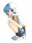  1girl artist_name ayanami_rei bandaid bandaid_on_knee bangs black_legwear blue_hair blue_skirt commentary eyebrows_visible_through_hair food food_in_mouth fried_egg fried_egg_on_toast full_body hair_between_eyes highres looking_at_viewer mouth_hold necktie neon_genesis_evangelion pleated_skirt red_eyes red_neckwear school_uniform shirt shoes short_hair simple_background skirt socks solo squatting toast toast_in_mouth vest vickie_(cryingrobot) white_background white_footwear white_shirt yellow_vest 