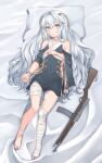  1girl alternate_costume bandaged_leg bandaged_neck bandages barefoot blue_eyes eyebrows_visible_through_hair girls_frontline gun hair_ornament hand_on_own_chest highres long_hair looking_at_viewer lying no_shoes on_back on_bed pillow ribeyrolles_1918 ribeyrolles_1918_(girls_frontline) rifle silver_hair solo watch weapon yu_416416 