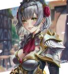  1girl absurdres armor artofkuzu ascot bangs blurry blurry_background braid breasts cleavage commentary day english_commentary eyelashes flower genshin_impact green_eyes hair_flower hair_ornament highres looking_at_viewer noelle_(genshin_impact) outdoors petals red_flower red_neckwear red_rose rose short_hair silver_hair smile solo twitter_username upper_body 