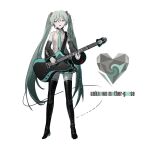  1girl aqua_eyes aqua_hair aqua_neckwear aqua_theme bare_shoulders black_footwear black_skirt boots cable collared_shirt detached_sleeves dot_nose electric_guitar eyebrows_visible_through_hair full_body grey_shirt grey_theme guitar hair_between_eyes hatsune_miku headset heart highres holding holding_instrument instrument konya_karasu_kou legs_apart light_particles limited_palette long_hair looking_at_viewer music necktie open_mouth pale_skin pleated_skirt shiny shiny_footwear shiny_hair shirt simple_background singing skirt sleeveless sleeveless_shirt solo song_name standing thigh_boots thighhighs tsurime twintails unknown_mother_goose_(vocaloid) very_long_hair vocaloid white_background zettai_ryouiki 