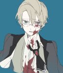  1boy black_jacket black_neckwear blazer blonde_hair blood blood_on_face bloody_clothes blue_background collared_shirt cravat dress_shirt eiku eyebrows_visible_through_hair fate/grand_order fate_(series) formal glasses green_eyes hair_between_eyes jacket jekyll_and_hyde_(fate) looking_at_viewer male_focus parted_lips shirt simple_background solo upper_body waistcoat white_shirt 