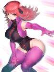  1girl breasts brown_eyes character_request covered_nipples elbow_gloves fumio_(rsqkr) gloves highres large_breasts long_hair looking_at_viewer open_mouth purple_legwear red_hair solo thighhighs 