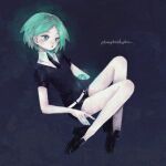  1other black_background black_footwear black_neckwear blush character_name collared_shirt crystal_hair gem_uniform_(houseki_no_kuni) green_eyes green_hair green_nails houseki_no_kuni knees_up momo_walnut necktie open_mouth phosphophyllite shirt shoes simple_background solo 