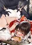  1girl ^^^ absurdres all_fours ass ass_grab bangs black_hair blurry blurry_background blush bow breasts commentary_request detached_sleeves doggystyle emphasis_lines eyebrows_visible_through_hair frilled_bow frilled_hair_tubes frills hair_bow hair_tubes hakurei_reimu hetero highres hug ken_(coffee_michikusa) nipples open_mouth panties rape red_bow red_skirt red_vest redesign sex sex_from_behind sidelocks skirt skirt_set small_breasts solo_focus teeth thighs tongue tongue_out top-down_bottom-up torn_clothes torn_panties touhou underwear vest white_panties 