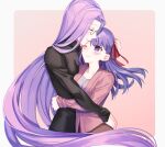  2girls blush closed_eyes fate/stay_night fate_(series) glasses hair_ribbon hug long_hair matou_sakura multiple_girls one_eye_closed purple_eyes purple_hair red_ribbon redrawn ribbon rider smile sweater very_long_hair ycco_(estrella) 