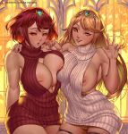  2girls areolae arimatang arm_behind_back artist_name asymmetrical_docking bangs bare_shoulders blonde_hair breast_press breasts commentary cowboy_shot english_commentary eyebrows_visible_through_hair grin half-closed_eyes hand_on_another&#039;s_shoulder highres huge_breasts inverted_nipples long_hair medium_hair multiple_girls mythra_(xenoblade) nipples one-armed_hug open_mouth orange_eyes panties patreon_username pink_panties pyra_(xenoblade) red_hair red_nails red_shirt shirt signature sleeveless sleeveless_turtleneck smile swept_bangs teeth thighs tiara turtleneck underwear w white_shirt xenoblade_chronicles_(series) xenoblade_chronicles_2 yellow_eyes yellow_panties 