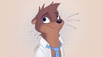  16:9 2021 4k absurd_res anthro black_nose blue_eyes brown_body brown_fur clothing fur head_tuft hi_res lutrine male mammal mustelid necktie pointedfox shirt signature simple_background solo topwear tuft whiskers widescreen 
