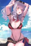  1girl :o absurdres armpits arms_behind_head arms_up ascot bare_arms bare_shoulders bikini blue_sky bracelet breasts brown_eyes carmilla_(fate) cleavage cloud cloudy_sky curly_hair day eyewear_on_head fate/grand_order fate_(series) gradient_sky groin hair_ornament highleg highleg_bikini highleg_swimsuit highres horizon jewelry large_breasts long_hair looking_at_viewer navel non-web_source ocean open_mouth ponytail red_bikini red_neckwear sarong scan sidelocks silver_hair sky solo summertime_mistress_(fate/grand_order) sunglasses suzuho_hotaru swimsuit thighs 
