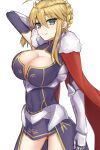  1girl artoria_pendragon_(all) artoria_pendragon_(lancer)_(fate) bangs bare_shoulders blonde_hair blue_gloves blue_legwear blue_leotard blush braid breasts cape cleavage cleavage_cutout clothing_cutout crown elbow_gloves elfenlied22 fate/grand_order fate_(series) french_braid gauntlets gloves green_eyes hair_between_eyes highleg highleg_leotard highres large_breasts leotard long_hair looking_at_viewer red_cape sidelocks smile thighhighs thighs 