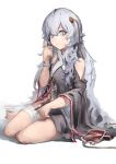  1girl absurdres bandaged_leg bandages blood blue_eyes blush closed_mouth dress eyebrows_visible_through_hair girls_frontline highres kuroa_geha long_hair looking_at_viewer ribeyrolles_1918_(girls_frontline) silver_hair sitting sitting_on_floor solo watch white_background 
