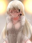 bangs blonde_hair blush breasts cleavage collarbone earrings frilled_shirt frills girls_frontline jewelry kkis-i large_breasts light_brown_eyes long_hair long_sleeves partially_unbuttoned ppk_(girls_frontline) shirt smile very_long_hair 