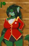  absurd_res anthro big_breasts blue_eyes bottomwear breasts clothing domestic_cat felid feline felis female fur green_body green_fur green_hair hair hand_on_hip hawke_(mastergodai) hi_res looking_at_viewer mammal mastergodai skirt smile smiling_at_viewer solo uniform 