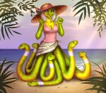  apode beach bottomwear breasts cleavage clothed clothing cobra draconcopode esterr_(artist) female forked_tongue legless naga pupils purple_eyes reptile sand scalie seaside serpentine skirt slit_pupils snake summer_hat sylene_(blissey1) tongue tongue_out water wide_brim_hat 