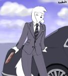  absurd_res anthro canid canine canis car clothing domestic_dog hi_res looking_at_viewer male mammal necktie outside solo suit sunhuiz vehicle 