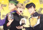  4boys :d anchor_symbol black_hair black_jacket blonde_hair blurry commentary_request crossover depth_of_field diamond_wa_kudakenai dice earrings earth_wind_&amp;_fire_(stand) fingernails gakuran green_hair green_headband grin happy hazekura_mikitaka headband heart higashikata_josuke highres holding holding_dice holding_pen jacket jewelry jojo_no_kimyou_na_bouken k_(gear_labo) kishibe_rohan kyou_kara_ore_wa!! long_hair long_sleeves looking_at_viewer looking_to_the_side male_focus mitsuhashi_takashi money multiple_boys nib_pen_(object) notice_lines open_mouth pen pointy_ears pompadour purple_shirt school_uniform sharp_teeth shirt short_hair sleeves_rolled_up smile sparkle speech_bubble spoken_character stand_(jojo) stud_earrings teeth upper_body yellow_background yellow_shirt yen 