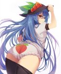  1girl adjusting_clothes adjusting_headwear arm_up ass ass_focus bangs black_headwear black_legwear blue_hair blush cowboy_shot dutch_angle eximmetry food frilled_panties frills from_behind from_below fruit hat hat_ornament highres hinanawi_tenshi leaf long_hair looking_at_viewer looking_back open_mouth panties pantyhose pantyhose_pull peach peach_print puffy_short_sleeves puffy_sleeves red_eyes shirt short_sleeves simple_background solo standing touhou underwear white_background white_panties white_shirt 