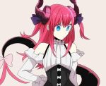  1girl bangs bare_shoulders blue_eyes detached_sleeves dragon_horns dragon_tail eiku elizabeth_bathory_(fate) elizabeth_bathory_(fate)_(all) eyebrows_visible_through_hair fate/grand_order fate_(series) grey_background hair_between_eyes halter_dress halterneck hand_on_hip horns long_hair long_sleeves looking_at_viewer pink_hair pointy_ears purple_ribbon ribbon solo tail two_side_up upper_body white_sleeves 