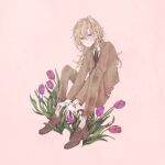  1girl bandaid black_neckwear brown_footwear brown_hair brown_jacket brown_pants flower grey_eyes hair_between_eyes highres jacket knees_up leaf long_hair momo_walnut original pants pink_background purple_flower shoes simple_background solo 