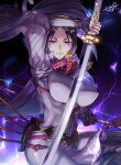  1girl bodysuit bow bow_(weapon) breasts fate/grand_order fate_(series) holding holding_bow_(weapon) holding_sword holding_weapon incoming_attack katana large_breasts long_hair looking_at_viewer minamoto_no_raikou_(fate) mozu_suka purple_eyes purple_hair solo sword thunder very_long_hair weapon 