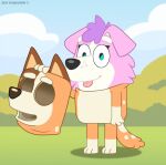  australian_cattle_dog bluey_(show) canid canine canis cattledog chilli_(bluey) clothing cosplay costume domestic_dog female fur herding_dog mammal pastoral_dog pink_body pink_fur plant solo tongue tongue_out tree unknown_artist 