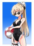  1girl adapted_costume alternate_hairstyle bare_shoulders blonde_hair collarbone frilled_garter garter_straps girls_frontline goliath_(girls_frontline) high_ponytail highres light_brown_eyes ponytail ppk_(girls_frontline) smile solo sunglasses swimsuit voodoowood 