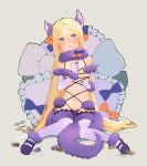  1girl abigail_williams_(fate) animal_ears bangs bare_shoulders blonde_hair blue_eyes blush bow breasts candy cleavage cosplay dangerous_beast elbow_gloves fate/grand_order fate_(series) food forehead fur-trimmed_gloves fur-trimmed_legwear fur_collar fur_trim gloves hair_bow highres lace-trimmed_legwear lace_trim long_hair looking_at_viewer mash_kyrielight mash_kyrielight_(cosplay) multiple_bows navel o-ring open_mouth orange_bow pacoske parted_bangs purple_bow purple_gloves purple_legwear revealing_clothes sidelocks sitting small_breasts tail wolf_ears wolf_tail 