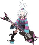 1girl bass_guitar boots dress forehead freckles full_body gym_leader hair_bobbles hair_ornament highres holding holding_instrument instrument legs_apart long_sleeves looking_at_viewer official_art oomura_yuusuke open_mouth pokemon pokemon_(game) pokemon_bw2 roxie_(pokemon) short_dress smile solo standing striped striped_dress teeth tongue topknot transparent_background two-tone_dress white_hair 