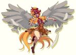  1girl :d animal_on_head bangs bird bird_on_head bird_tail bird_wings boots breasts brown_footwear chick dress eyebrows_visible_through_hair feathered_wings feathers full_body grey_wings large_breasts leg_up looking_at_viewer machi multicolored_hair navel niwatari_kutaka on_head one-hour_drawing_challenge open_mouth orange_dress orange_hair pixel_art red_eyes red_hair red_neckwear short_hair short_sleeves simple_background smile solo tail_feathers touhou two-tone_hair wings yellow_background 