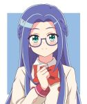  1girl blue-framed_eyewear blue_background blue_hair blush border bow bowtie braid buttons closed_mouth collared_shirt commentary double-breasted glasses green_eyes hand_up highres ichigo_junior_high_uniform imai_kotoko long_hair long_sleeves looking_at_viewer mewkledreamy mole mole_under_eye outside_border red_bow red_button red_neckwear school_uniform shirt smile solo star_(symbol) star_in_eye symbol_in_eye upper_body white_border white_shirt zeta_(24904340) 