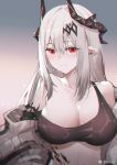  1girl 3: arknights blush breasts cleavage closed_mouth earrings gradient gradient_background grey_hair hair_between_eyes hair_ornament horns jewelry large_breasts mudrock_(arknights) off_shoulder oripathy_lesion_(arknights) pointy_ears red_eyes sidelocks simple_background solo tank_top weibo_username wet xion32 