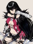  1girl bandaged_arm bandages bangs belt black_choker black_hair black_shorts breasts choker grey_background hair_between_eyes kurou_(bcrow) large_breasts long_hair low-tied_long_hair parted_lips shorts simple_background sitting solo tales_of_(series) tales_of_berseria torn_clothes torn_legwear torn_shorts velvet_crowe very_long_hair yellow_eyes 