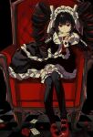  1girl absurdres armchair bangs black_hair black_legwear black_nails bonnet card celestia_ludenberg chair checkered checkered_background checkered_floor chess_piece commentary_request danganronpa:_trigger_happy_havoc danganronpa_(series) drill_hair flower frills garter_straps gothic_lolita hairband highres holding holding_card leaning_forward lolita_fashion long_hair looking_at_viewer nail_polish namiharuru necktie petals playing_card red_eyes red_flower red_footwear red_neckwear red_rose rose sitting smile solo thighhighs tile_floor tiles twin_drills twintails 