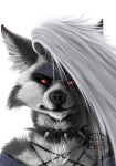  anthro black_nose bust_portrait canid canid_demon collar demon female fur goth grey_body grey_fur hair hellhound helluva_boss hi_res inner_ear_fluff long_hair loona_(vivzmind) mammal poker_(artist) portrait red_sclera solo spiked_collar spikes tuft whiskers white_body white_eyes white_fur white_hair 