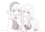  2girls :o alice_margatroid bangs blush book bow braid dress eyebrows_visible_through_hair greyscale hair_between_eyes hair_bow hairband hand_up kirisame_marisa long_hair long_sleeves monochrome multiple_girls nanase_nao open_book parted_lips puffy_long_sleeves puffy_sleeves shirt simple_background single_braid sleeveless sleeveless_dress touhou very_long_hair white_background 