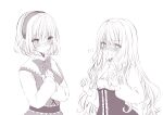  2girls :o alice_margatroid bangs blush bow braid breasts center_frills dress eyebrows_visible_through_hair fang flying_sweatdrops frills greyscale hair_between_eyes hair_bow hairband kirisame_marisa long_hair long_sleeves monochrome multiple_girls nanase_nao nose_blush open_mouth parted_lips puffy_long_sleeves puffy_sleeves shirt short_hair simple_background single_braid sleeveless sleeveless_dress sleeves_past_wrists small_breasts touhou v-shaped_eyebrows very_long_hair white_background 