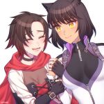  2girls animal_ears bangs black_choker black_gloves black_hair blake_belladonna breasts breasts_apart brown_hair bustier cape cat_ears choker closed_mouth crying dutch_angle fingerless_gloves gloves gradient_hair kio_rojine medium_breasts multicolored_hair multiple_girls red_cape red_hair ruby_rose rwby shiny shiny_hair short_hair simple_background smile tears upper_body white_background yellow_eyes 
